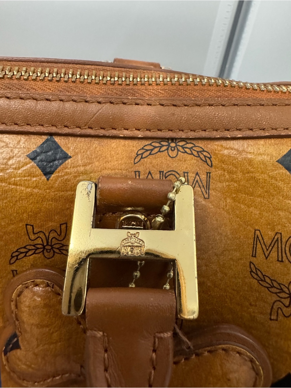 MCM Cognac Visetos Bowling Bag with Navy and Gold Stripe - Picture 5 of 15